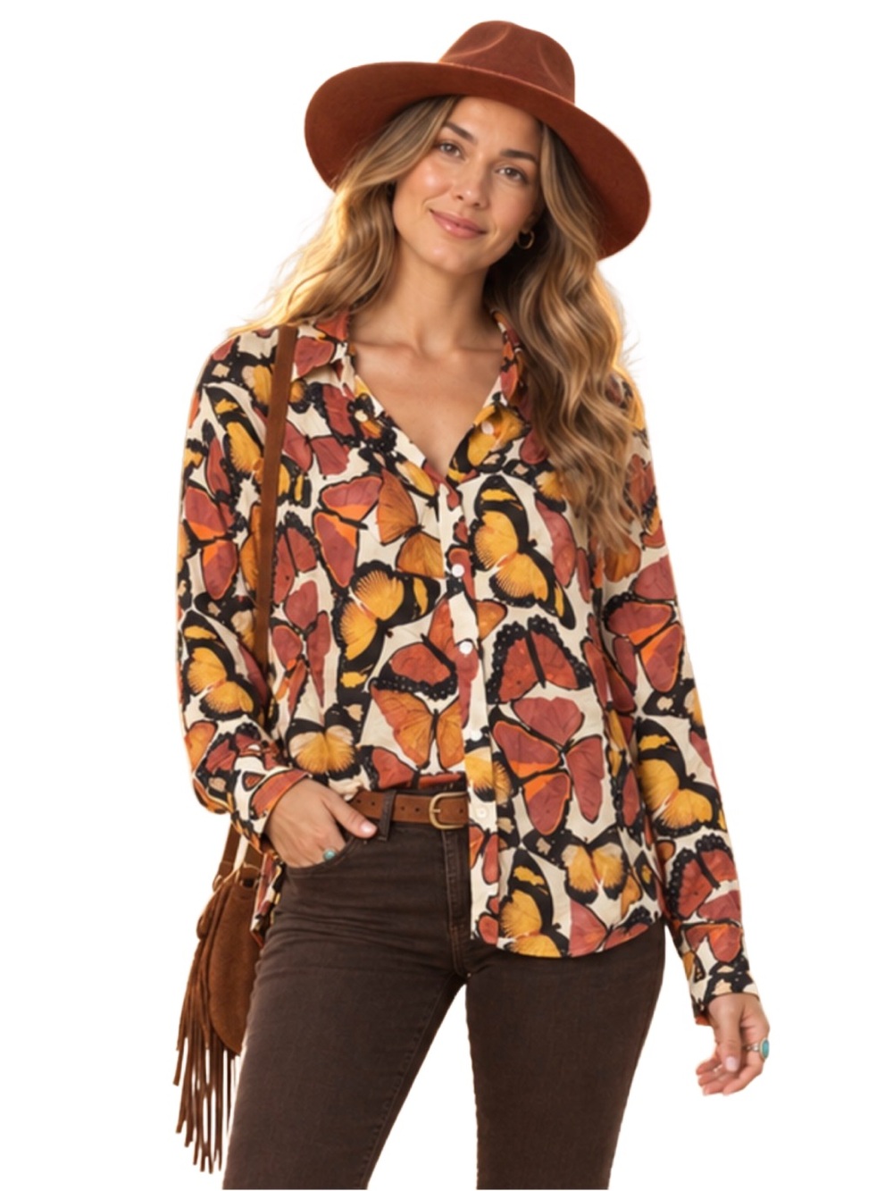 Jane + Delancey Butterfly Print Button Down Blouse Boho Medium, Fall Colors